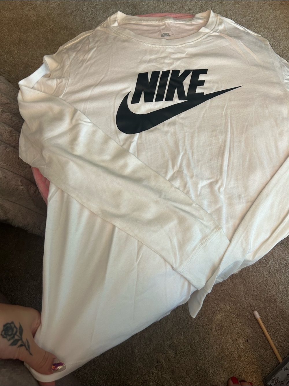 Nike White Long Sleeve Shirt with Black Swoosh Logo